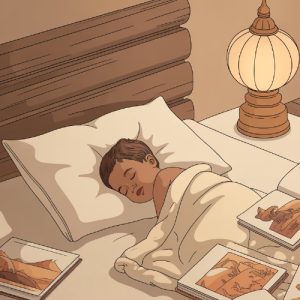 Illustration of a child asleep in bed with books all around.