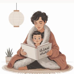 Illustration of a woman and children under a blanket reading together.