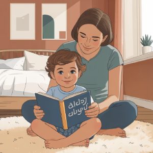 Illustration of a woman and child reading together.