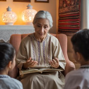 Photo of a grandparent reading to two children.