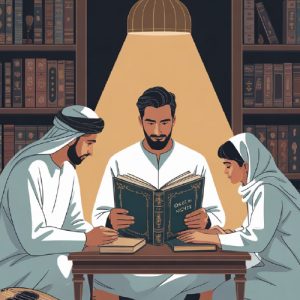 Illustration of three people sat at a table reading.