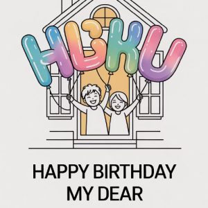 Illustration of two people wishing someone happy birthday