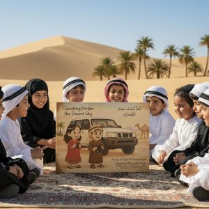 Photo of children in the desert with the Counting in the Desert book box.