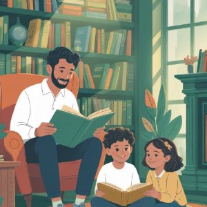 Illustration of a parent in their home library reading to two children.