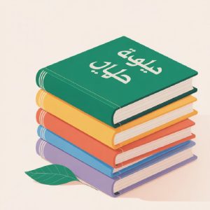 Illustration of a stack of Arabic language books.