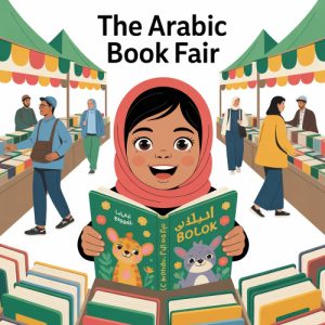 Illustration of a girl reading a book at a book fair.