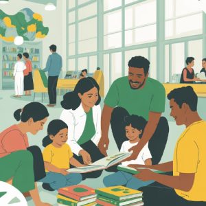 Illustration of a group of people reading at a book fair.