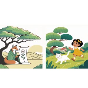 Two illustrations. one of a fox sat under a tree and one of a girl and a cat walking in the woods.