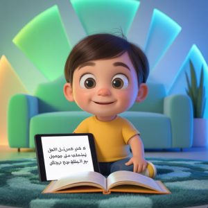 Illustration of a boy with a digital device and a book.