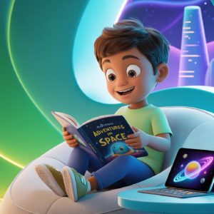 Illustration of a boy reading a comic.