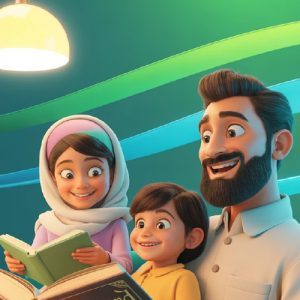 Illustration of three people reading together.