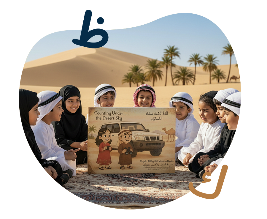 Group of children with books and resources out in the desert.
